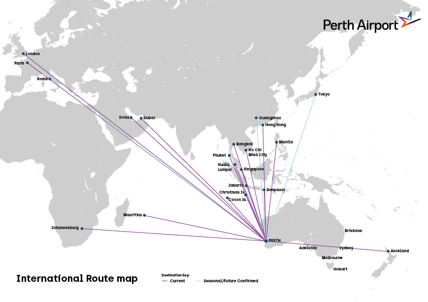 International routes available from Perth Airport