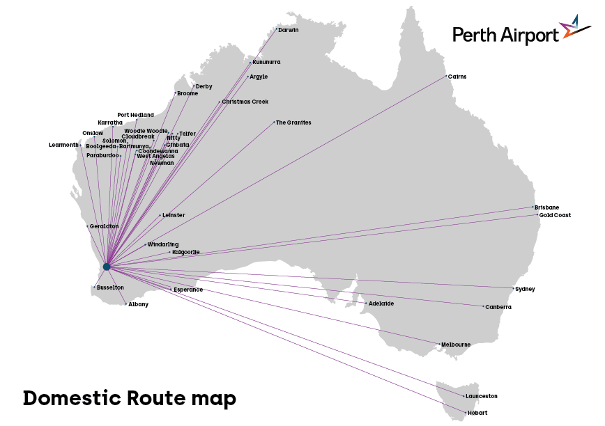 Domestic routes available from Perth Airport