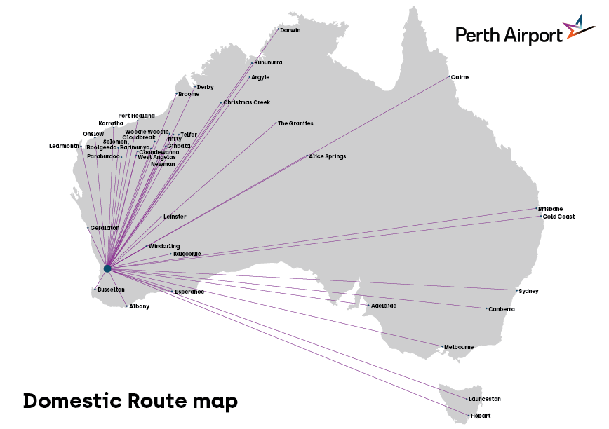 Domestic routes available from Perth Airport