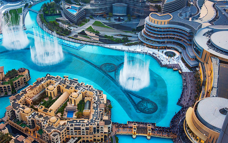 Blue waters of Dubai Mall fountain