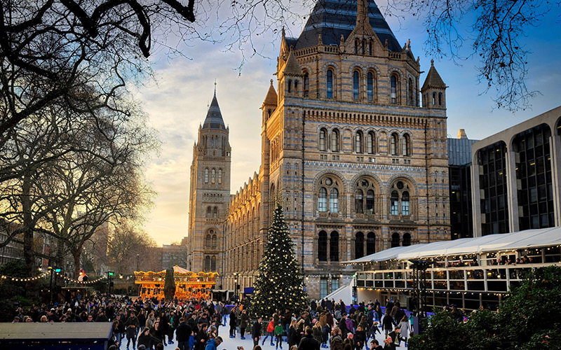 Ice-skating outside the Natural History Museum in London