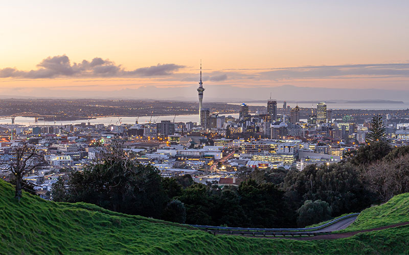 Auckland city skyline from Mt. Eden at sunset