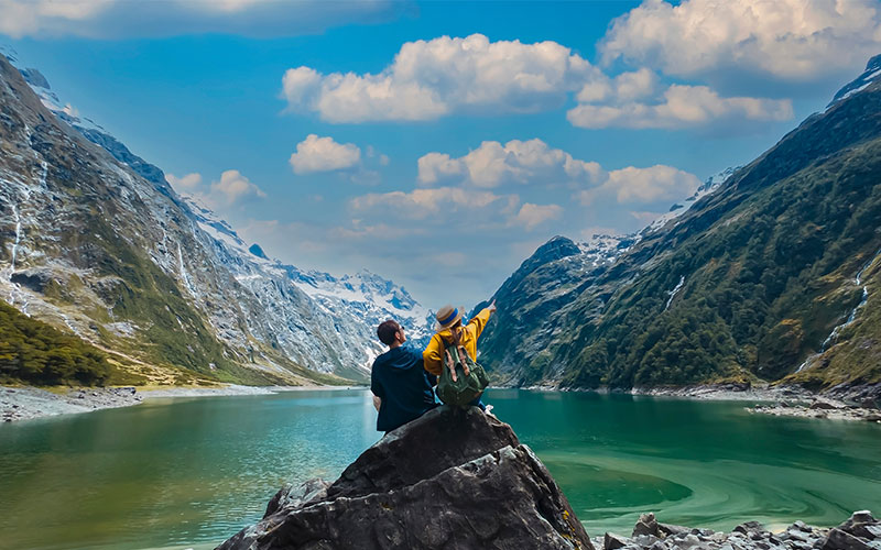 Views out over Lake Marian's turquoise-green waters in Fiordland National Park, New Zealand