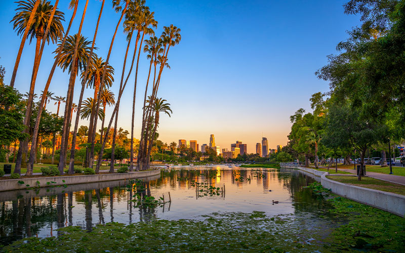 Sunset glow over Echo Park Lake in Los Angeles.