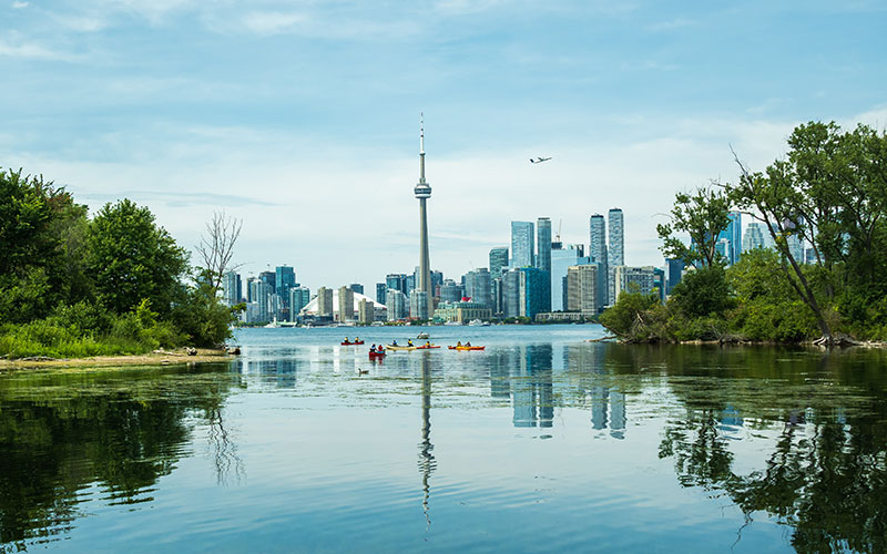 Toronto’s city skyline from Toronto Island in Canada.