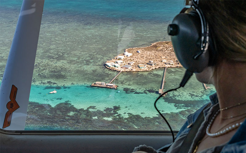 Woman in aircraft looking out of window to island and ocean