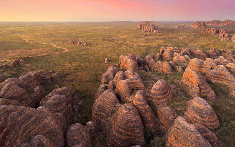 Bungle Bungles amongst expansive plains and pink skies