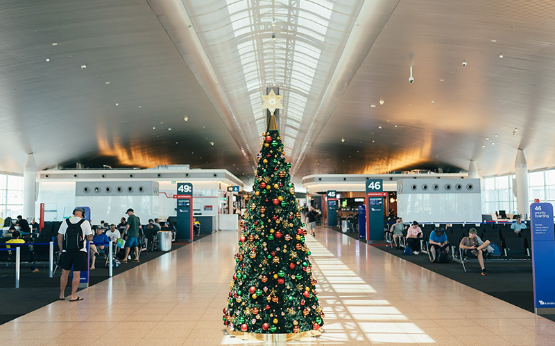 Christmas tree lit up in Terminal 1 Domestic, Perth Airport