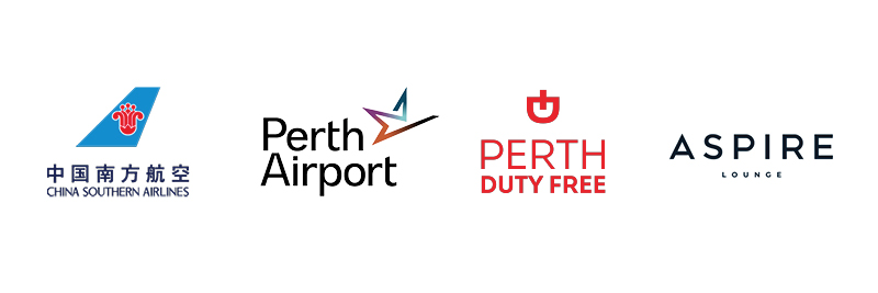 Logos of China Southern Airlines, Perth Airport, Perth Duty Free and Aspire Lounge